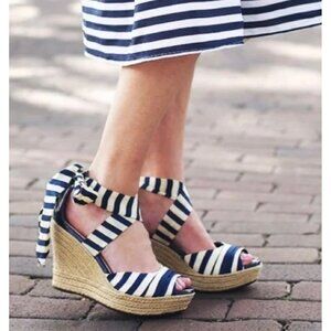 UGG Navy + Cream Striped Lucianna Silk + Leather Tie Ankle Wedge Sandals Size 8